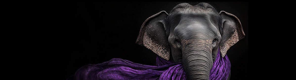 An elephant wearing a purple silk scarf