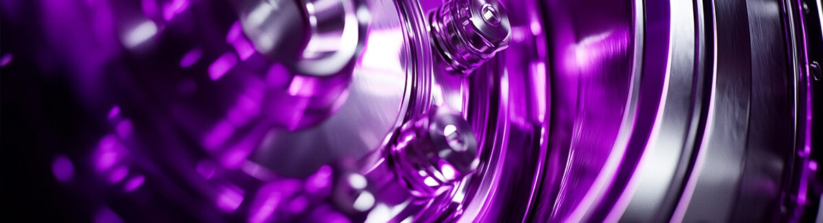 An image of a shiny metal vault door bathed in purple light