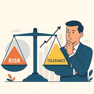Image of a man looking at a scale with the words Risk and Tolerance on either side of the scale