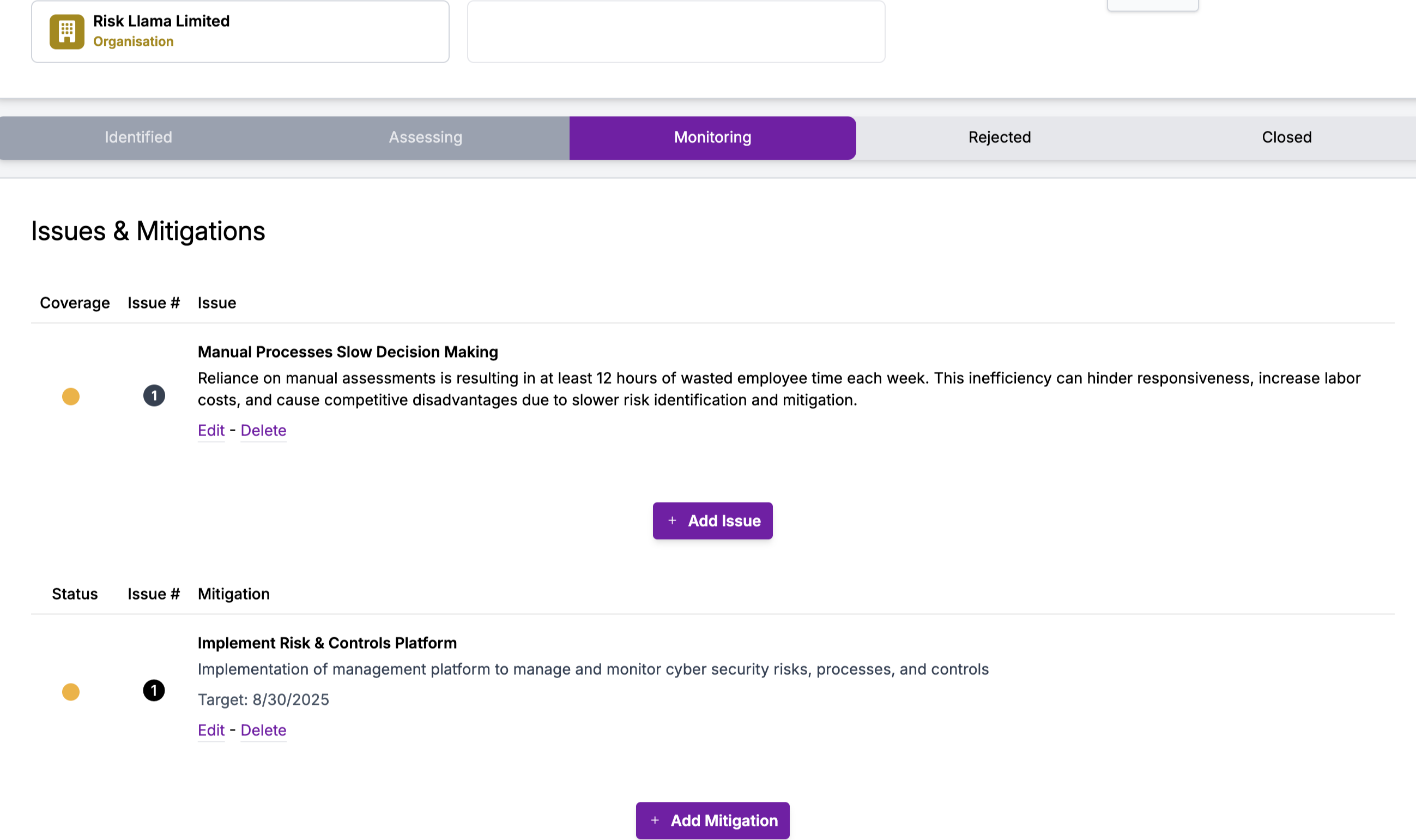 Screenshot of Issues an Mitigations section of the Risk Llama Platform
