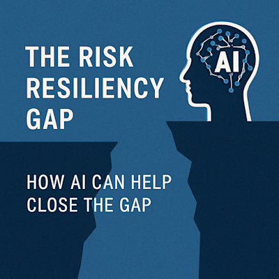 Image with 'The Risk Resiliency Gap - how AI can help close the gap" two sides of a cliff with a image of a head with the letters AI inside