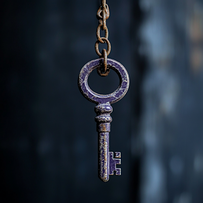 Purple key hanging on a hook dark background photograph studio lighting