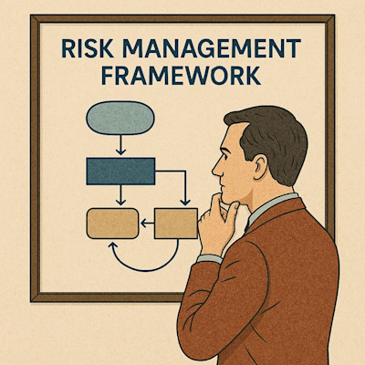 An Image of a man looking at a board with a flow diagram and Risk Management Framework wording on it
