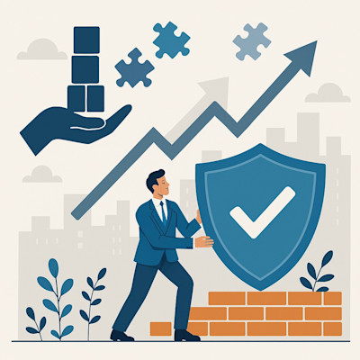 Image of a man holding a shield with a tick on top of bricks and a hand holding blocks