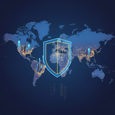 A visual metaphor for the global trust and wealth landscape. The futuristic world map highlights the interplay between financial jurisdictions, technological data flows, and the core principle of asset security, which is symbolized by a central shield.
