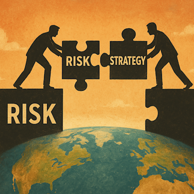 Image of two. men holding puzzle pieces with the words risk and strategy above the earth