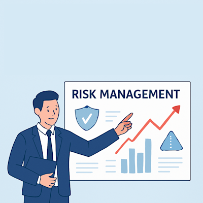 A Man pointing at a board with risk management written on it and graphs