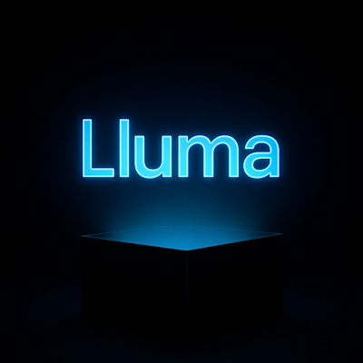 Image with the word Lluma in neon light blue above a black box