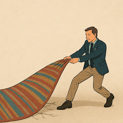 Image of a man pulling a rug