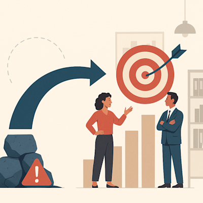 Image of a boulder with an ! sign, an arrow pointing to a bullseye undeneath a man and a woman talking